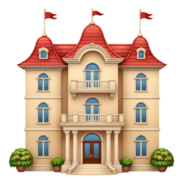 Apple-style 3D emoji of a large traditional mansion, with multiple windows, a big entrance door, red tiled roof, cream-colored walls, decorative balcony details, cartoonish but elegant design, no background. sticker
