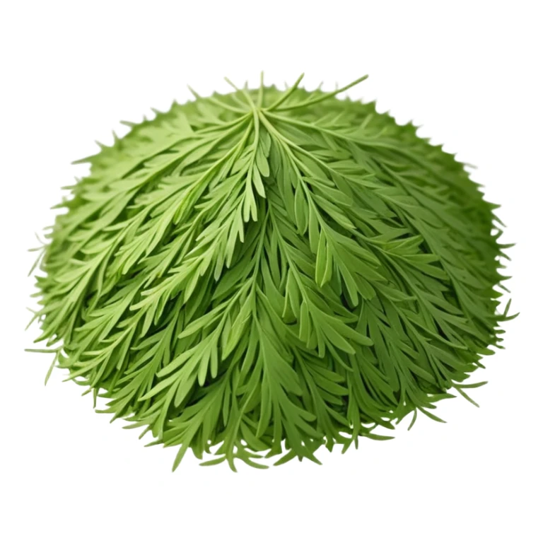 loose sprinkle of fine, feathery green herb flakes, dry airy texture, muted earthy green tones, delicate thread-like pieces, unevenly scattered, evoking dried dill leaves, soft lighting, subtle shadows, emoji scale sticker