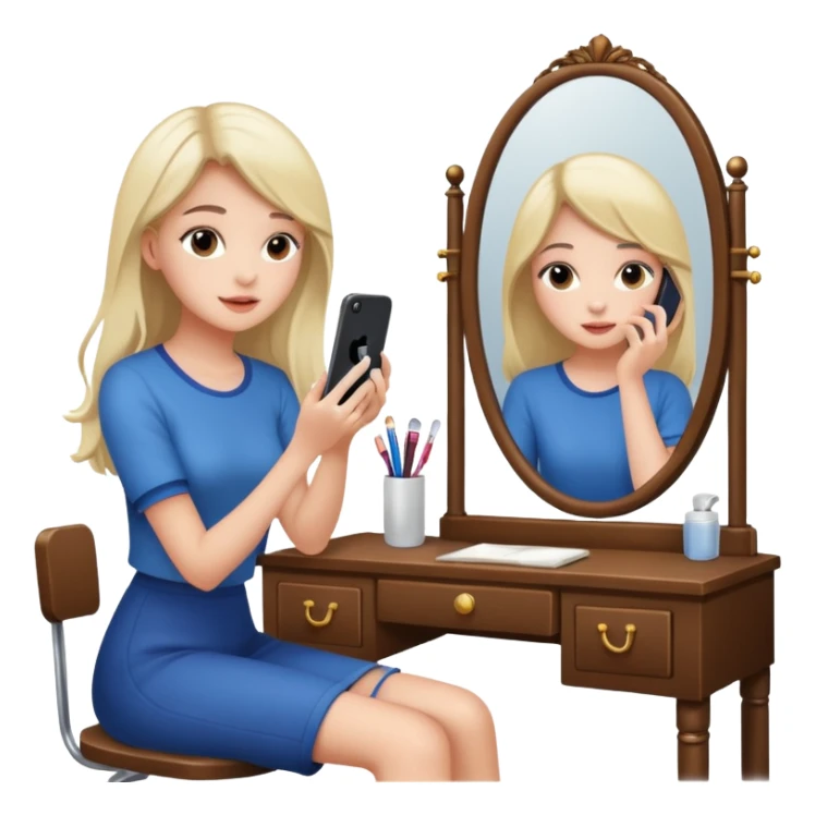 Girl sitting at vanity taking out picture with iphone 15 plus and study materials on the vanity sticker