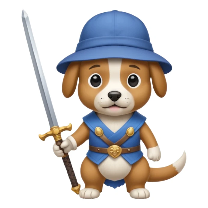 dog wearing a backwards hat and holding an epic sword sticker