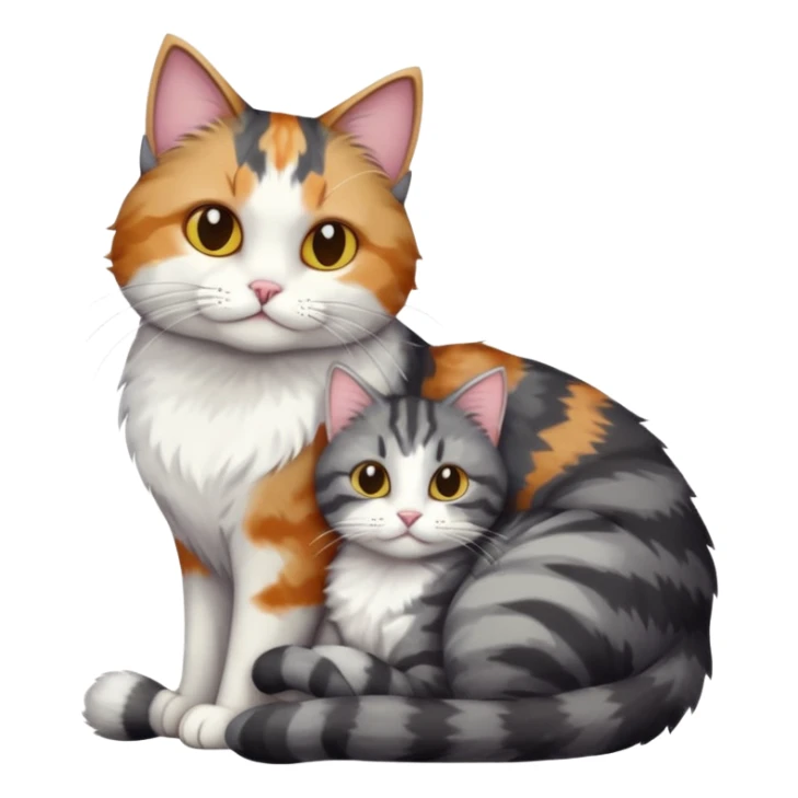 full body colourful light patched calico + white tabby cat cuddling a big dark grey and white tabby cat  sticker