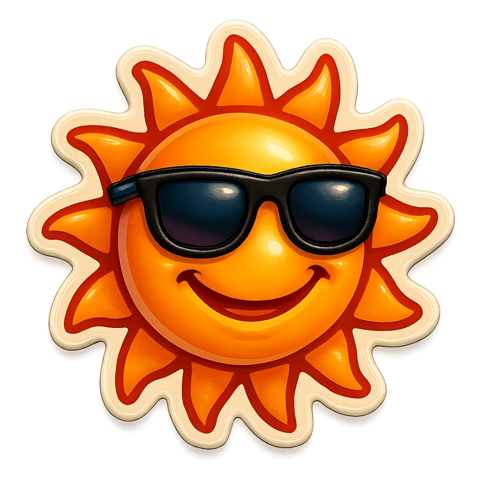 a smiling sun with sunglasses, retro sticker style sticker