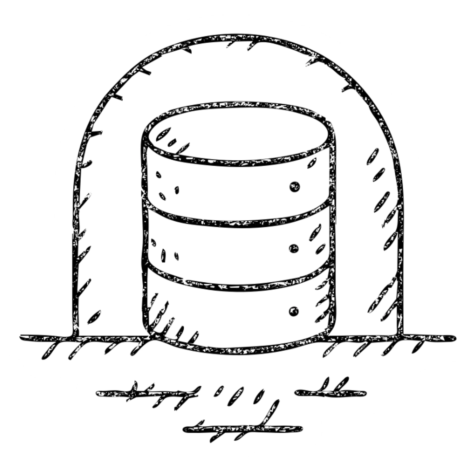 minimalist hand-drawn outlined icon of a database cylinder in a basement or underground setting, worn distressed effect sticker