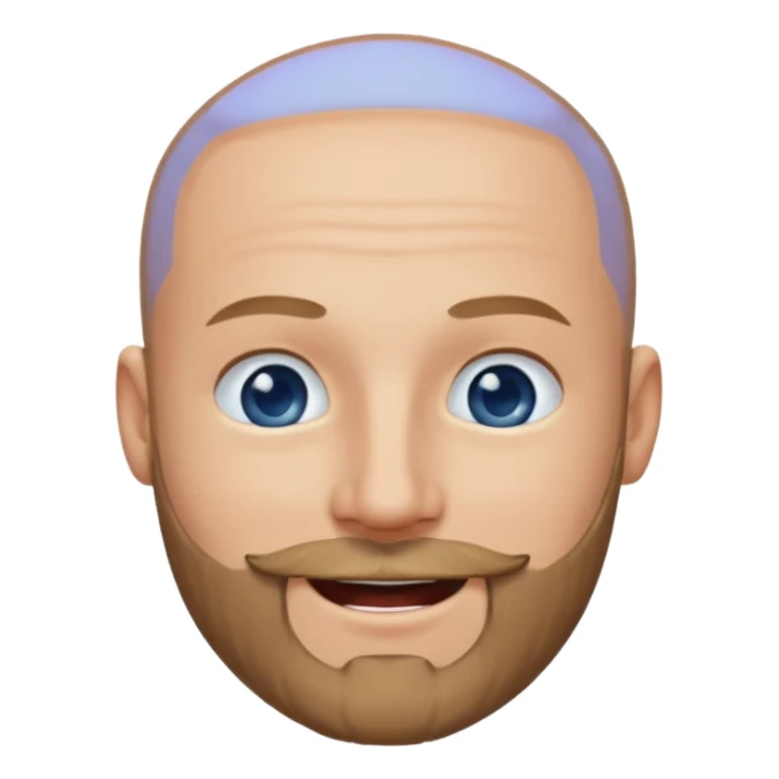 Shaved head with dark blonde beard and blue eyes with mouth closed smile sticker