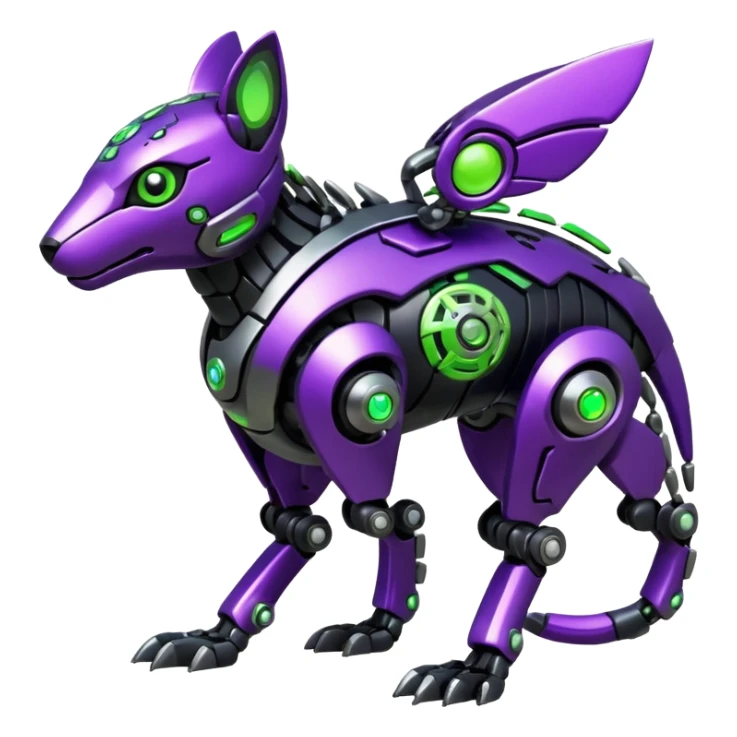 Futuristic mechanical cyborg modern badass cool shiny metallic alloy black-obsidian purple neon-green white lime animal hybrid Fakemon full body with intricate patterns sticker