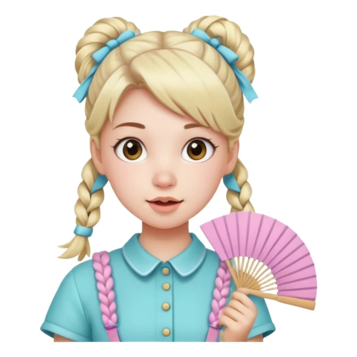 A pigtail girl in modern outfit using a pastel fan with playful expression. sticker
