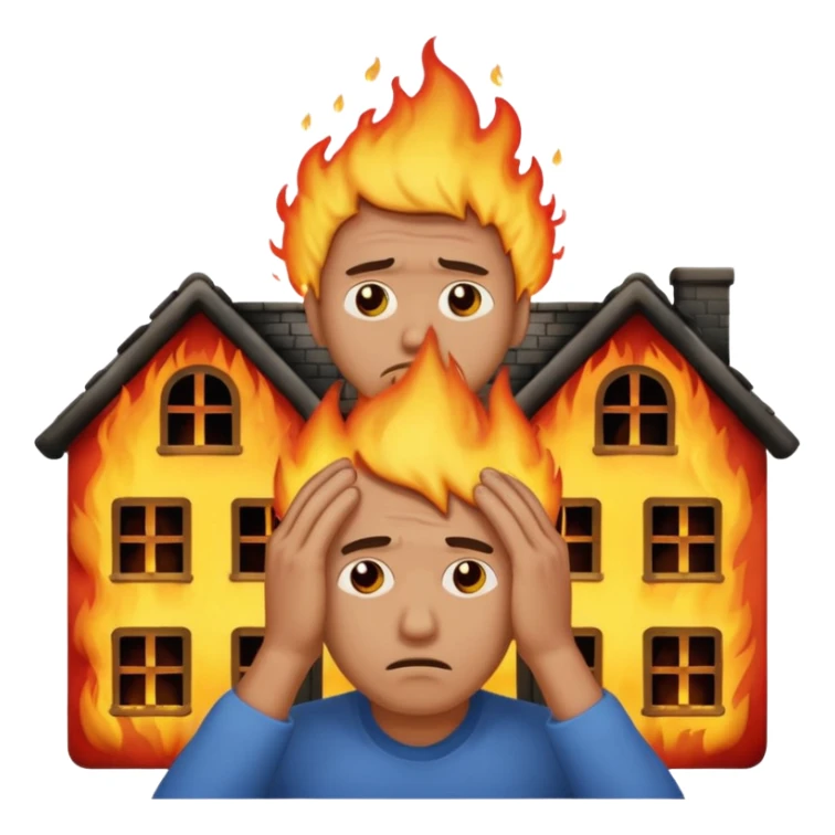 sad man standing with a house on fire behind him, man holding his head in despair, apple style emoji sticker