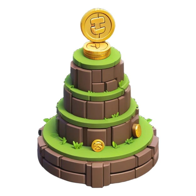 Clash of Clans aesthetic: Cinematic Playful Pixel 3D Coin Stack Emoji, rendered in a 3D vector-style similar to standard emojis with minimal shading and bold, simplified shapes. A compact, distinct form with signature details, softly glowing with a pixelated adventure charm. Simplified yet unmistakably iconic, highly detailed and consistent, glowing with a soft radiance and high shine. Stylized with a touch of classic pixel-art charm and a soft glowing outline, capturing the essence of a beloved gaming relic with a friendly, playful manner! sticker