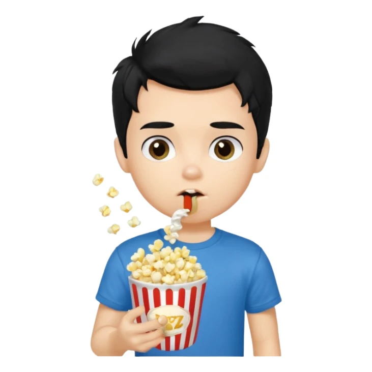 generate a pretty fair bratz boy with a blue tshirt on. eating popcorn. messy black hai sticker