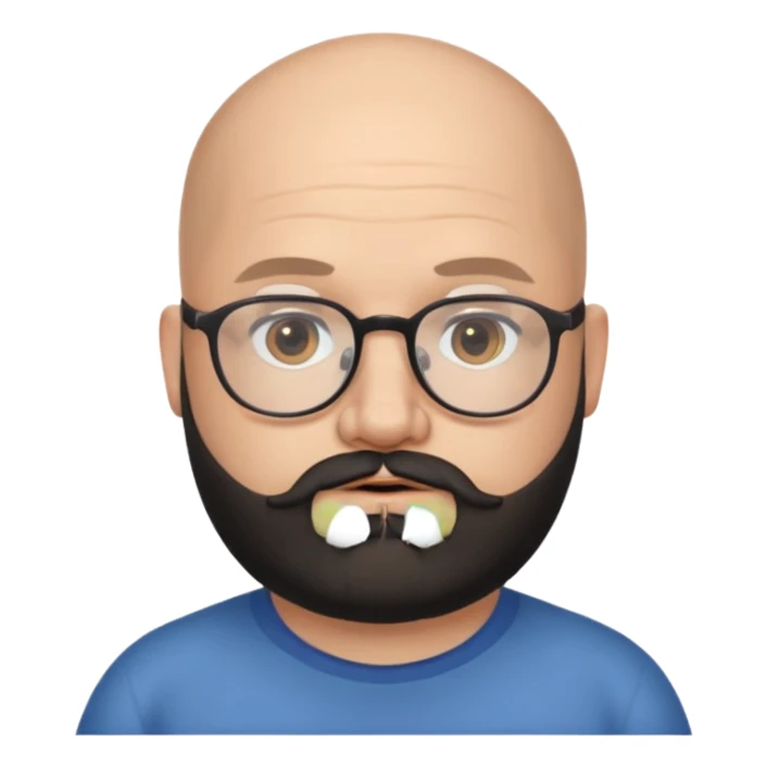 half-bald from the middle, chubby face, with glasses and black beard sticker