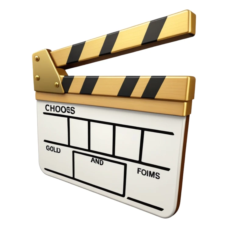 film clapper board with gold top section, white bottom section, and a bold diagonal line sticker
