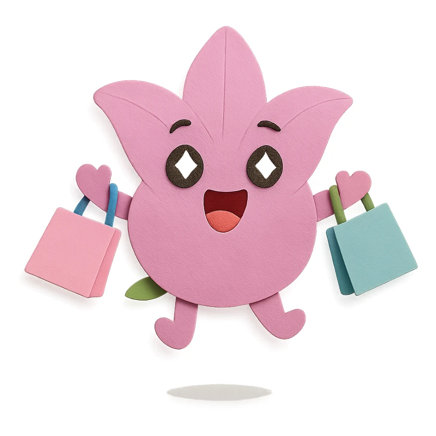 pastel magenta lily flower with sparkling eyes and open mouth, jumping with joy while holding shopping bags, round and bouncy, paper-craft style sticker