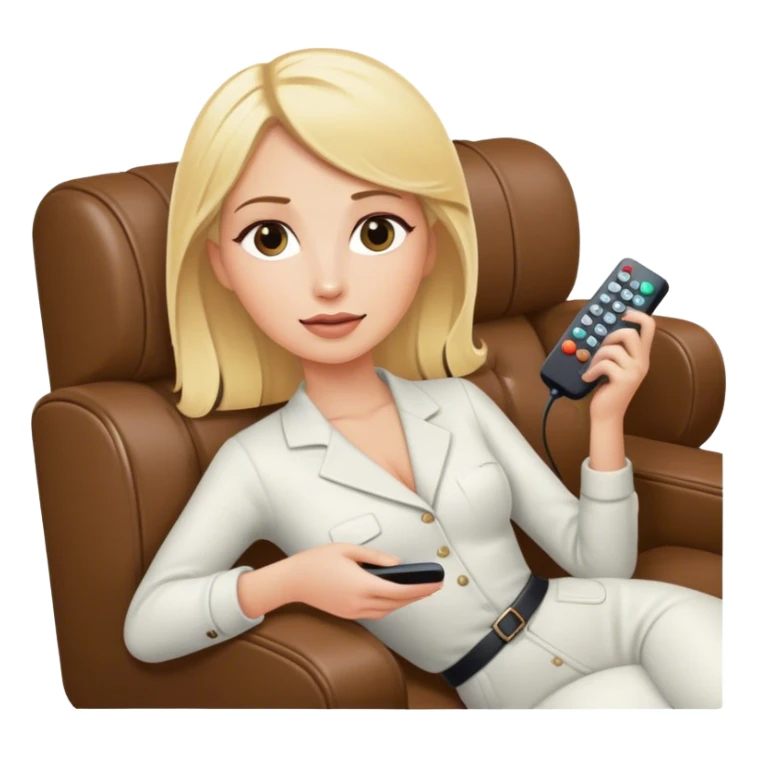 a blonde woman laying in a coach with a remote in her hand sticker