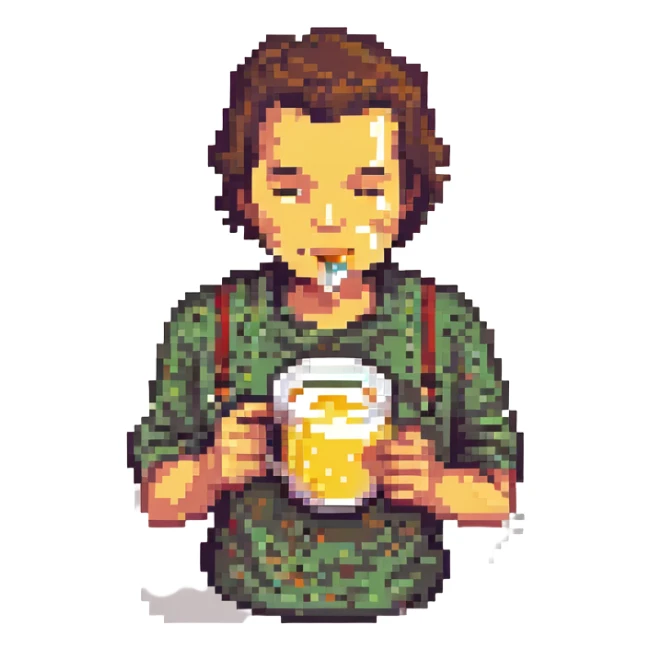 a man drinking a pint of raw eggs, pixel art style sticker