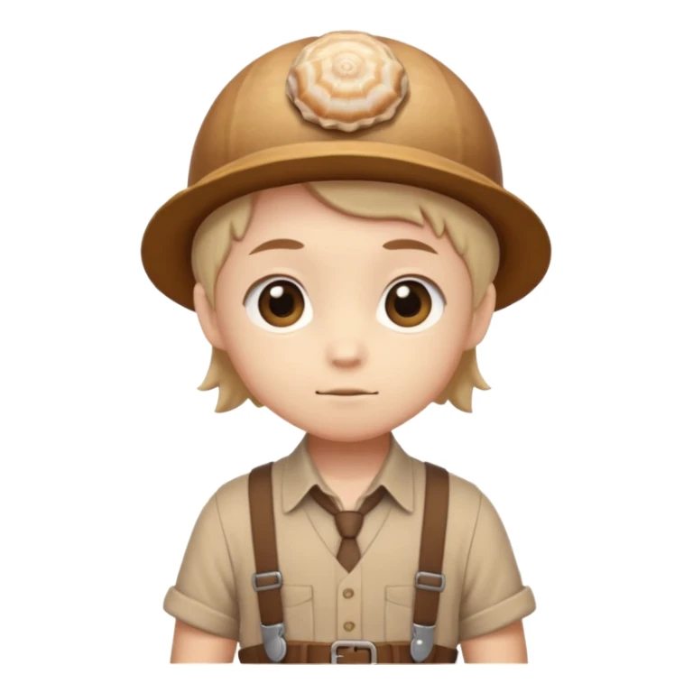 Shelly has a small, chibi-style body with a large ammonite-shaped head that looks like a beige fossil shell. One side of her head has a dark opening, making it clear she isn’t human. Her face is simple and soft, with big round eyes. She wears a brown suspender outfit over a lighter shirt sticker