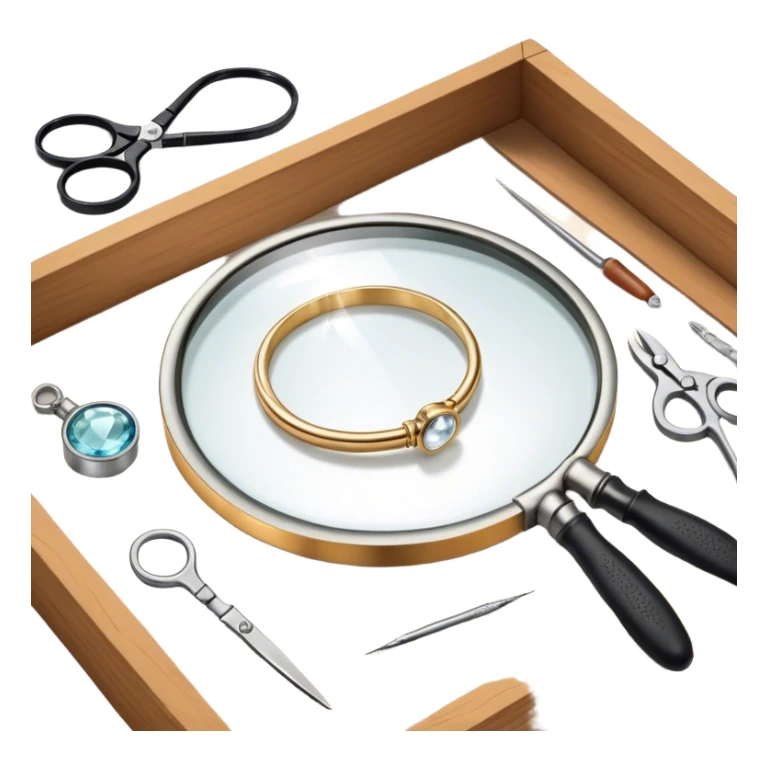 Create an icon that represents the art of jewelry making. The design should feature 1-2 pieces of jewelry, such as a ring or necklace, in progress. Include a small workbench or table, a magnifying glass, and tools like pliers and tweezers. The composition should feel elegant and detailed, showcasing the precision and skill involved in crafting jewelry. The background should be transparent. sticker