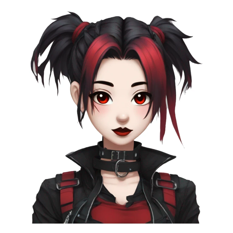 Gorgeous gothic dark techwear anime style lady with blushing face aesthetic and pretty edgy black red punk messy ponytail hair with collar and harness trending style sticker