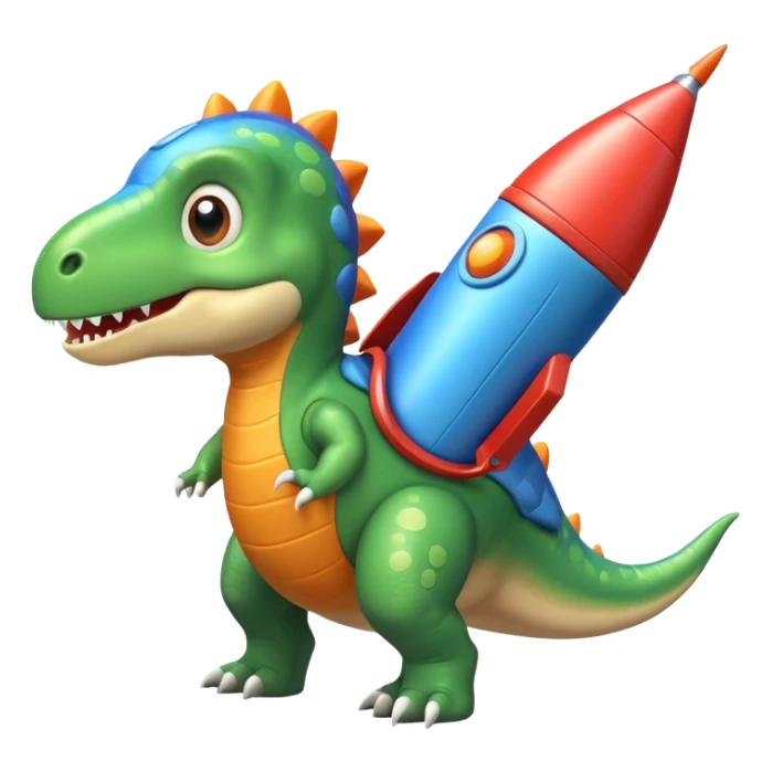 cute toy-like rocket-propelled dinosaur, rounded shapes, glossy texture, colorful rocket backpack, happy expression, 3D cartoon, mobile game icon style, clean background, no text, no watermark
 sticker
