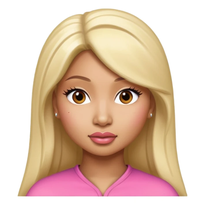 Create an iOS-style emoji of nicki minaj. Neutral facial expression, no emotion. Front-facing head only, clean Apple emoji aesthetic, smooth shading, simple shapes, no text, no accessories, plain background. sticker