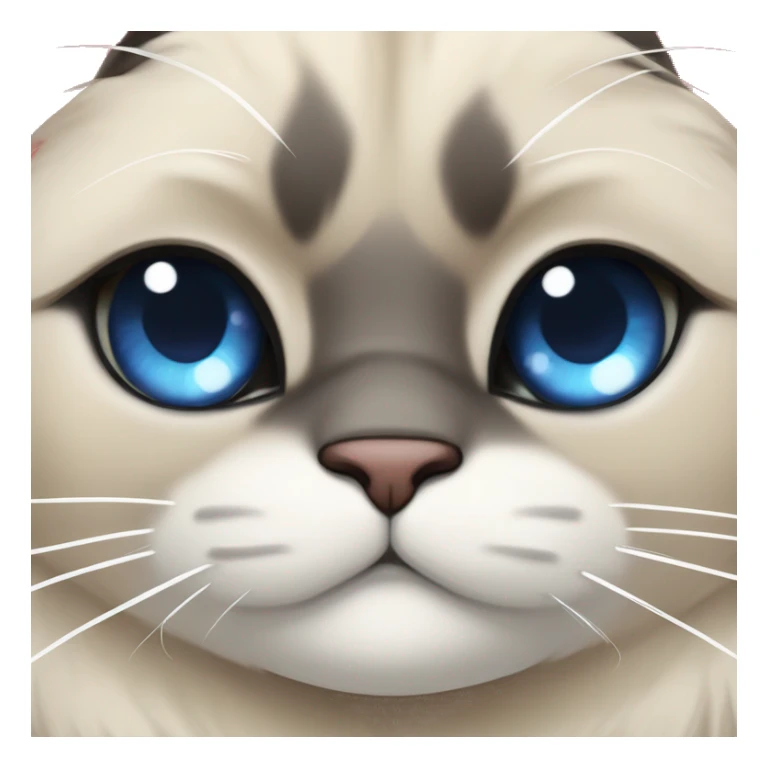 Long, chubby, cute, flat beige fur, blue round eyes, round pupils, Siamese and ragdoll mix cat, a grey face pattern, fur in his ears, wearing a red ribbon, a long slim tail, darker paws sticker