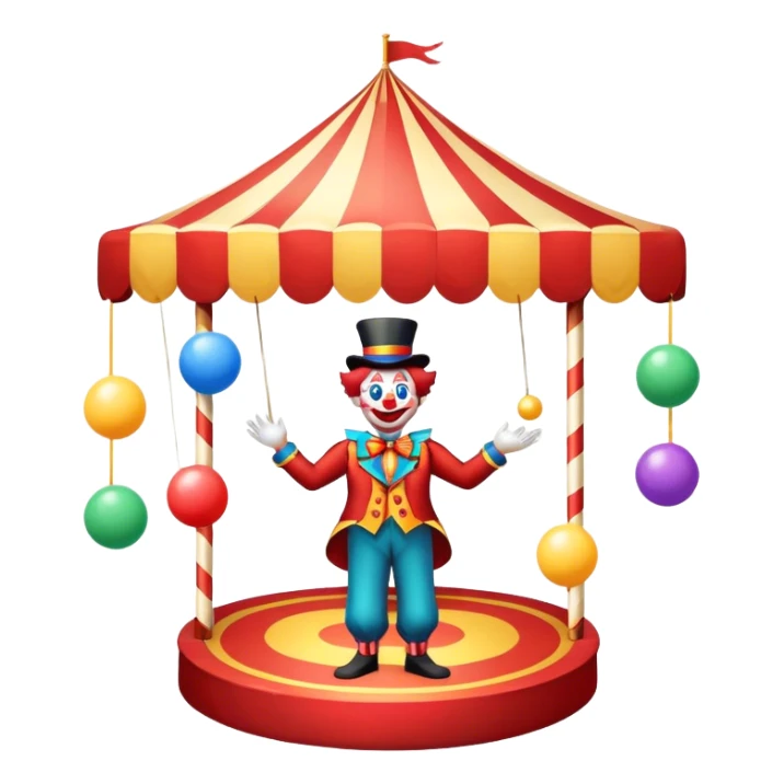 Icon for Circus Arts: a circus tent with a performer juggling colorful balls, a unicyclist, and a clown. The icon should convey the excitement and fun of circus performances, with emphasis on skill, acrobatics, and entertainment. Transparent background. sticker