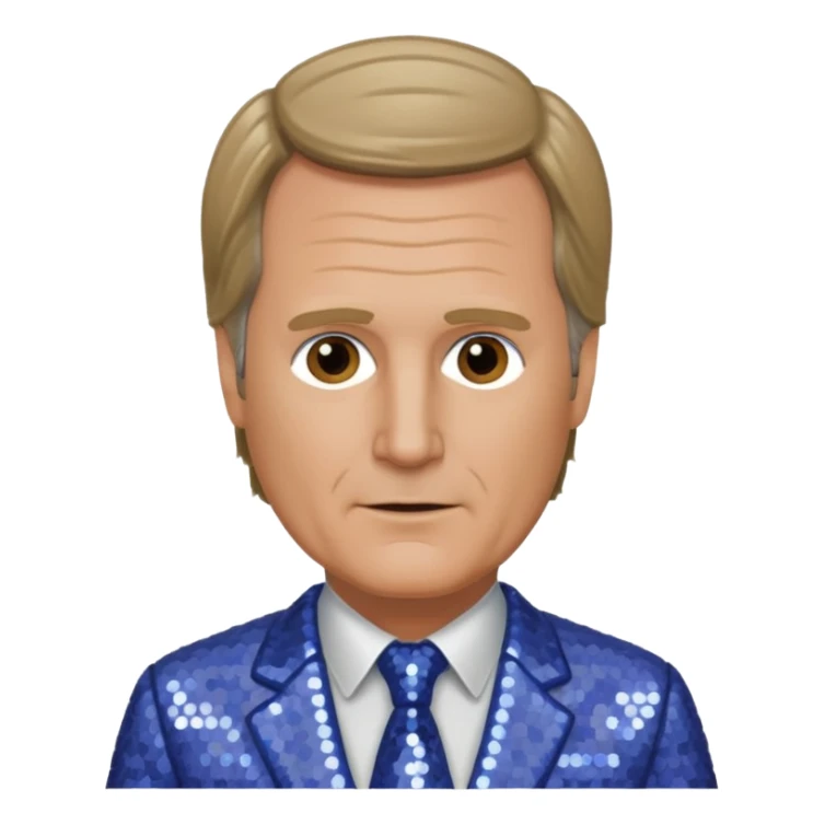 Jeff Daniels with dark blonde hair, periwinkle sequin suit sticker