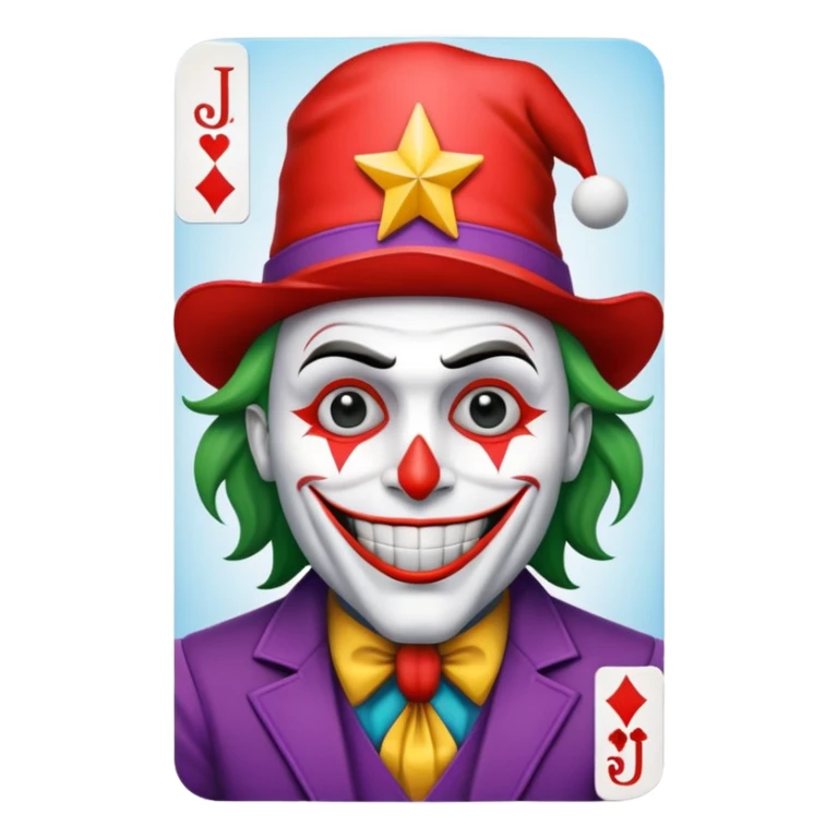 1 poker card, squared, with crazy colorful human jolly joker inside, star symbol with a "J" sticker