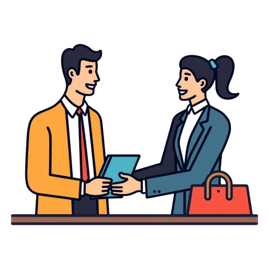 Bank teller in professional clothes helping a customer sticker