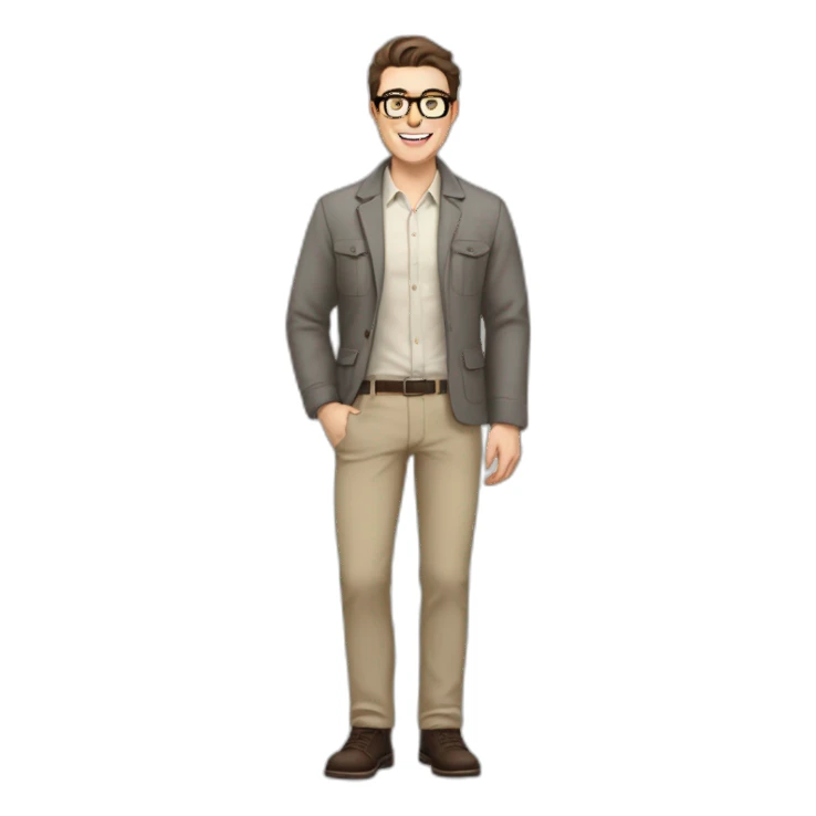 Joyful Full height Pale skinned Fit Man With dark brown hair in gray jacket, beige office shirt, Brown pants and vintage glasses. His thrumbs up sticker