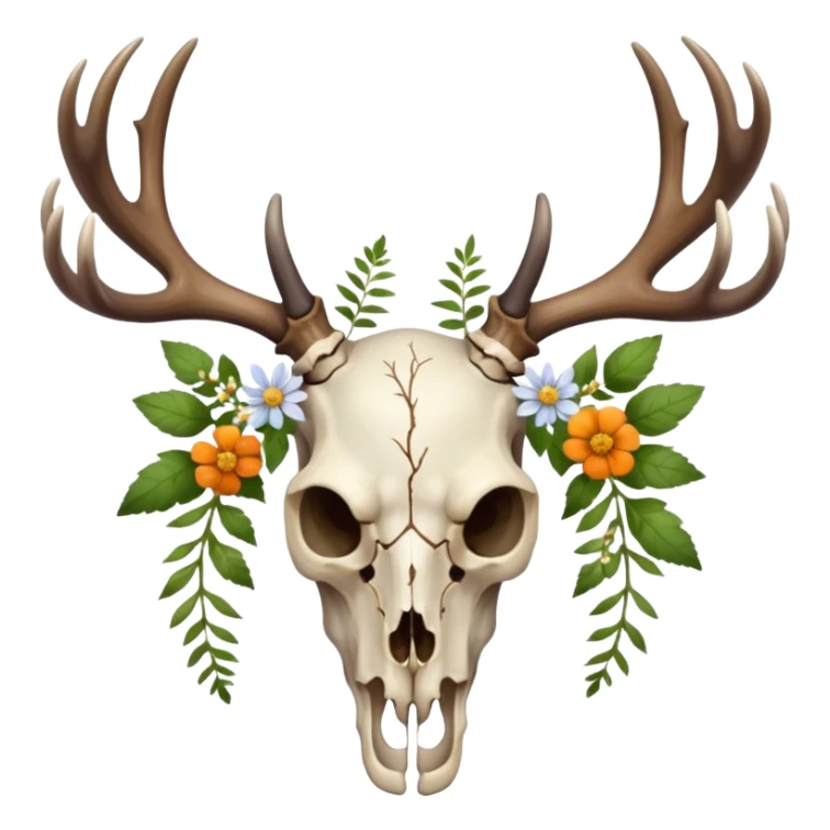 Deer skull with antlers and herbs and small flowers sticker