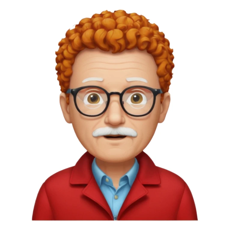old man, ginger curly short hair, no mustache, white beard, wearing glasses, long face, wearing a red jacket sticker