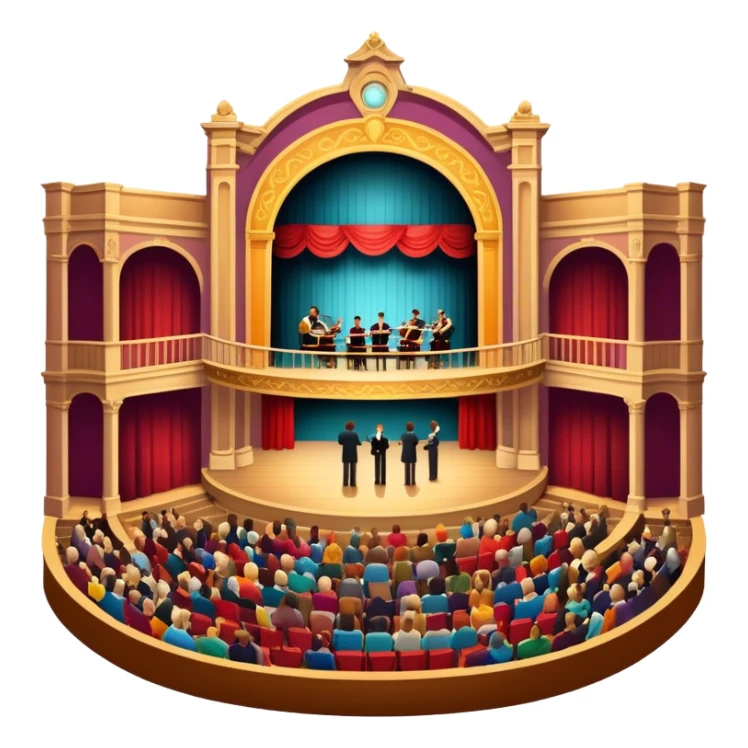 An icon depicting a theater stage with actors performing a play, illuminated by dramatic lighting. The audience watches from colorful balconies, while an orchestra plays in the pit, creating an immersive atmosphere. transparent background. sticker