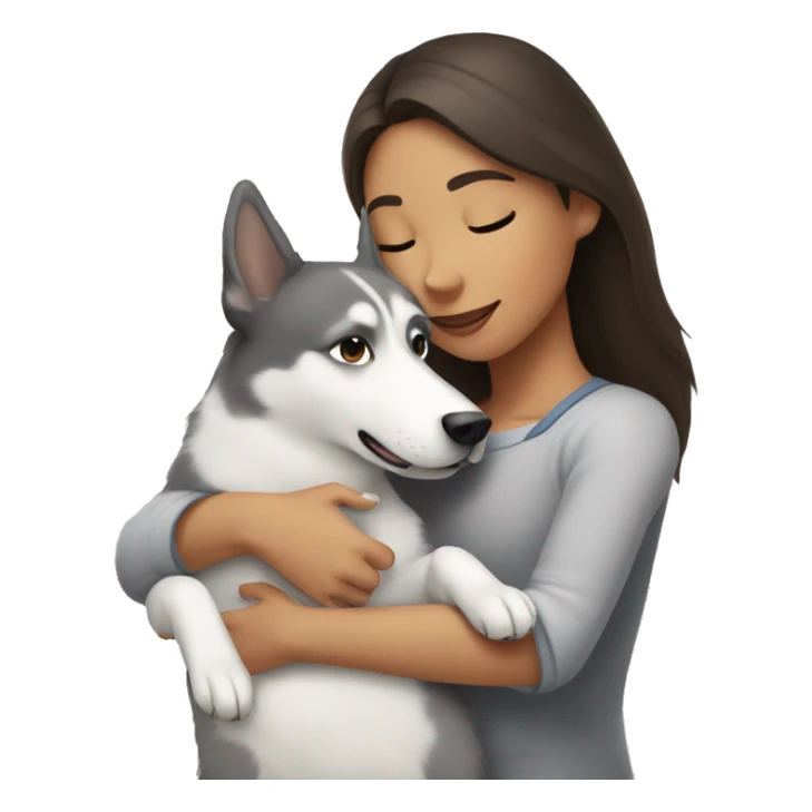 A brunette hugs a white and gray dog like a husky sticker