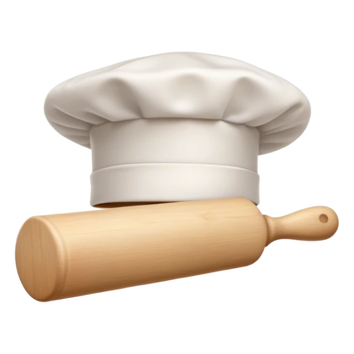 Cinematic Realistic Chef Hat & Rolling Pin, crisp white cotton hat with soft folds, resting beside a classic wooden rolling pin with smooth, polished curves, a light dusting of flour adding authenticity, warm kitchen lighting casting gentle shadows, glowing with a cozy and inviting charm. sticker