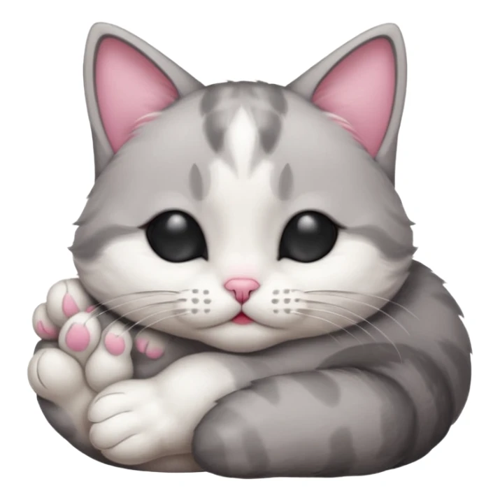 grey and white small cat with its eyes closed lying down with its head resting own paw sticker