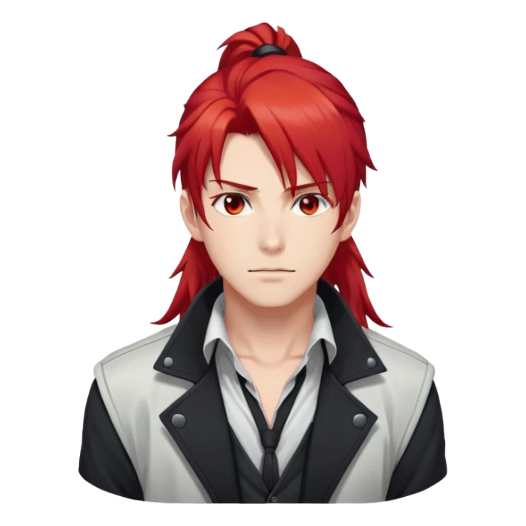 Handsome gorgeous anime man with bright-red hair, thick long ponytail, red eyes, white shirt, black jacket, stone face sticker
