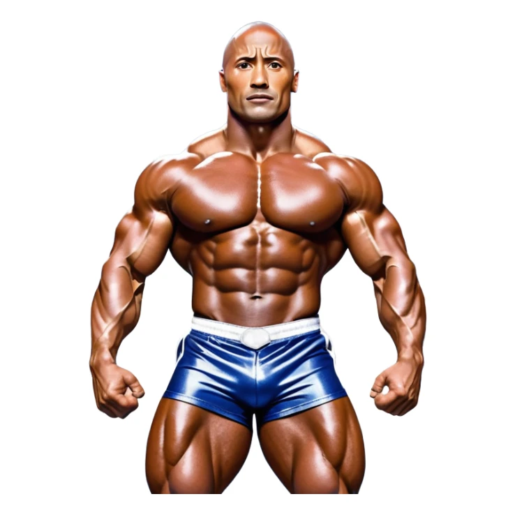 Dwayne Johnson, covered in oil, on stage at a Mr. Universe bodybuilding competition, striking a 'Side Triceps' pose. His defined muscles gleam under the bright lights, with the audience and judges in the background, capturing the intense focus and strength of the moment. Transparent background. sticker