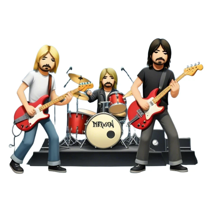 Icon for Rock Music: Nirvana performing on stage with Kurt Cobain on guitar and vocals, Krist Novoselic on bass, and Dave Grohl on drums. A grunge-inspired vibe with dynamic stage lighting and musical energy. Transparent background. sticker
