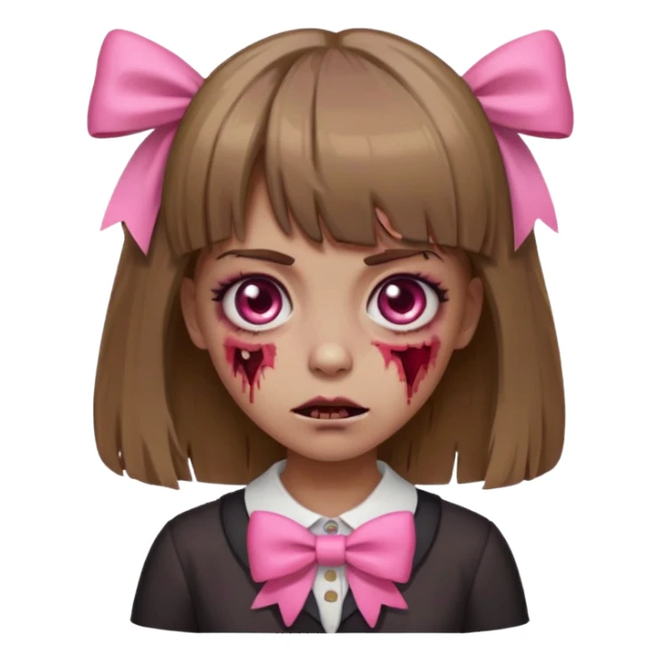 zombie girl with bangs, medium light brown hair and a pink bow, emoji style sticker