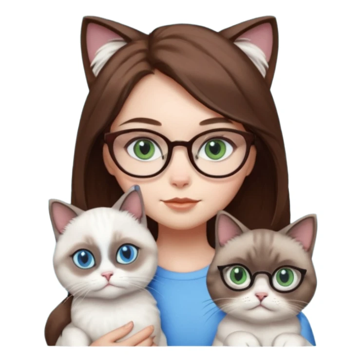O data cu parul saten ,ochii griji-albastrii ,ochelari și codițe de pisica ..și langa o pisicuță alba pufoasa ,cu ochii verzi și o a doua pisica siameza pufoasa cu capul maro -negru și coada ,restul corpului un maro deschis spre alb  , ochii albaștrii  sticker