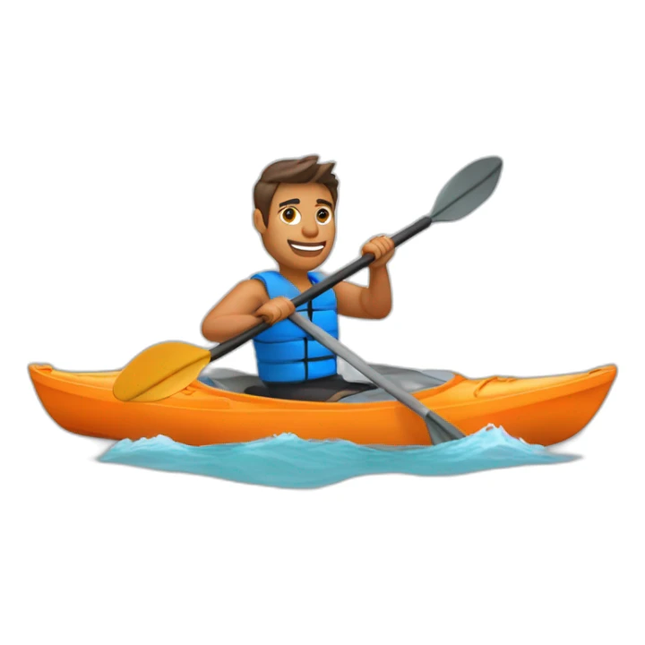 fit man paddling a kayak, orange kayak, front perspective, visible water sticker