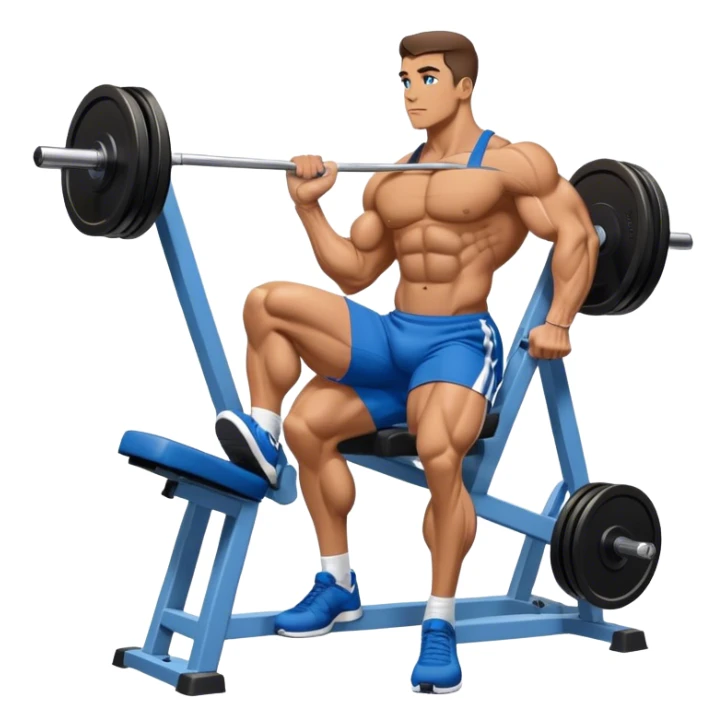 side-view bodybuilder in blue shorts seated weighted calf-raise machine on his tip toes sticker