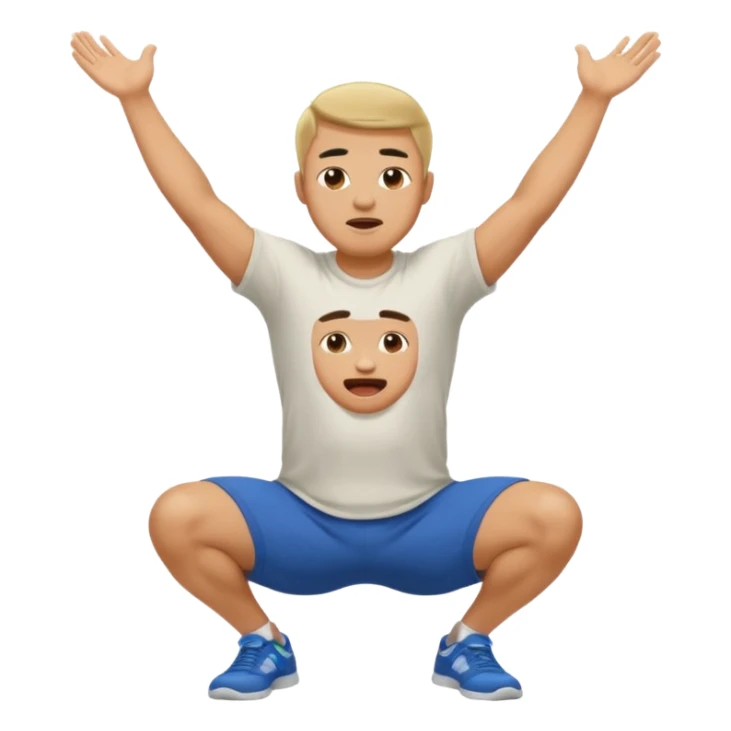 Make a normal wieght guy facing forward squatting with a t-shirt on and his hands up and his mouth open sticker