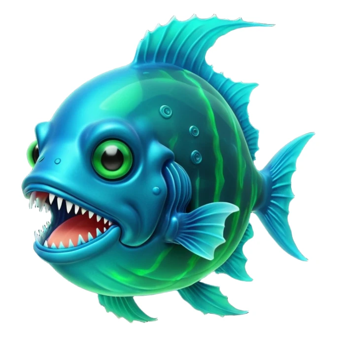 3D render of Anglerfish, bioluminescent deep sea style, glowing neon blue and green lights, dark background to contrast the glow, translucent organic textures, Apple emoji style, 3D render --v 6.0 sticker