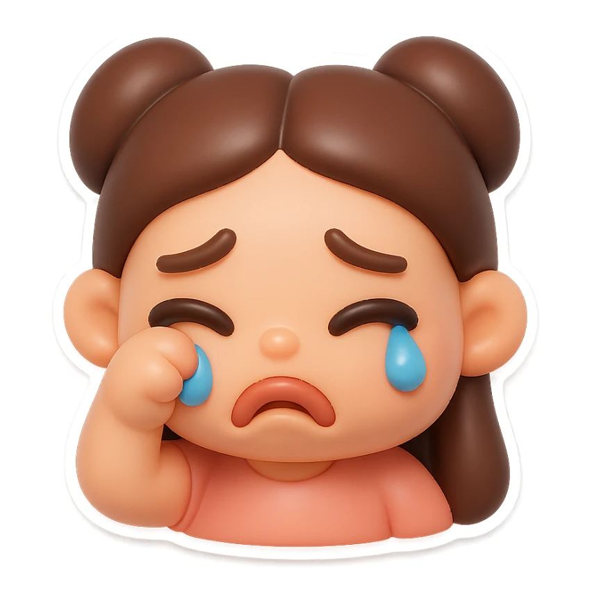 Create a vinyl figure style sticker of the girl from the reference image, crying with a pouty face, wiping away a tear, cute and expressive. sticker