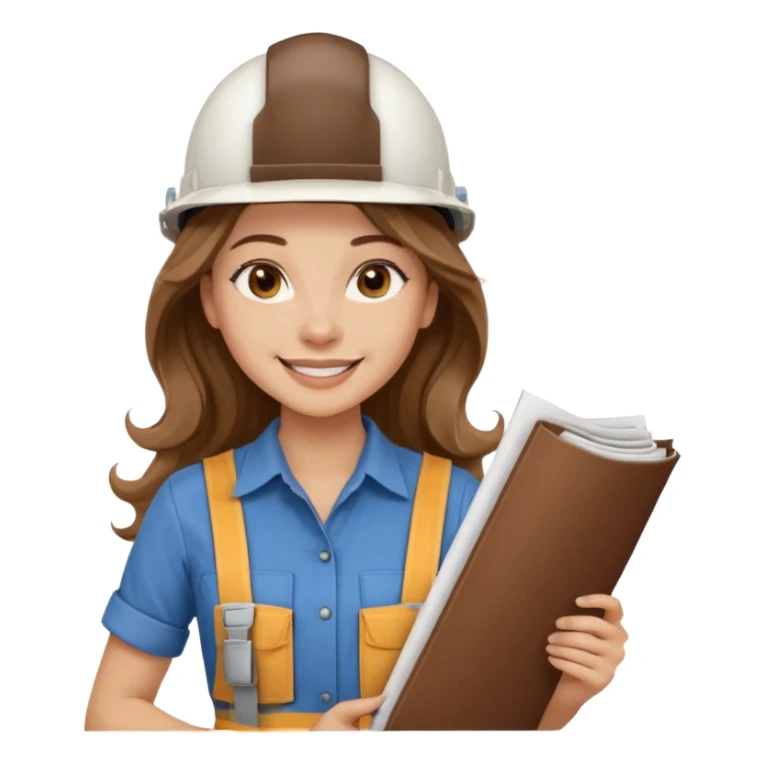 Waist-up female architect on white background. Long light brown wavy hair, middle part. Brown eyes, long lashes, smiling with braces. White helmet with BUT in brown. Holding rolled blueprints. Wearing chocolate Skims shirt in natural romantic style. sticker