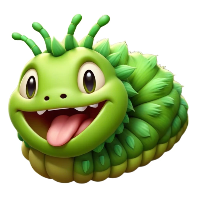 Cinematic Realistic Cute Yawning Caterpillar Portrait Emoji, Head tilted slightly with a dramatic, wide-open yawn, showcasing a soft, downy segmented body in vivid green with subtle drooping and half-closed, drowsy eyes, rendered with intricate natural texture and gentle shadows, high shine, relaxed yet expressive, styled with a dash of woodland charm, soft glowing outline, capturing the essence of a sleepy yet affectionate caterpillar that appears ready to stretch out and rest among the leaves! sticker