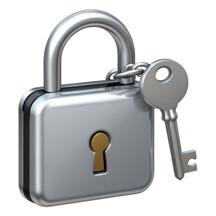 A chrome silver lock and key emoji, smooth metallic surfaces, glossy reflections, luxury swag vibe, minimal iOS emoji style, centered on clean white background sticker