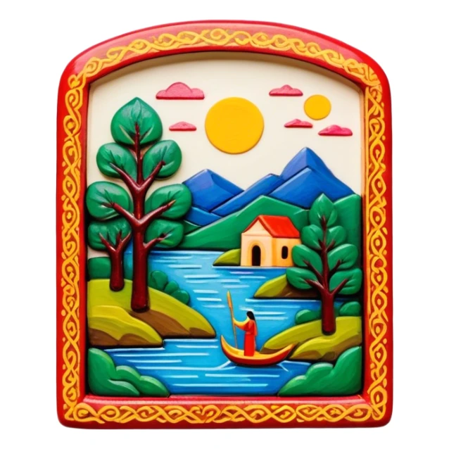 Lacquer miniature on papier-mâché icon, small painted scene on papier-mâché surface, fine brush strokes, vibrant colors, intricate details, minimalistic style, clean lines, transparent background. sticker