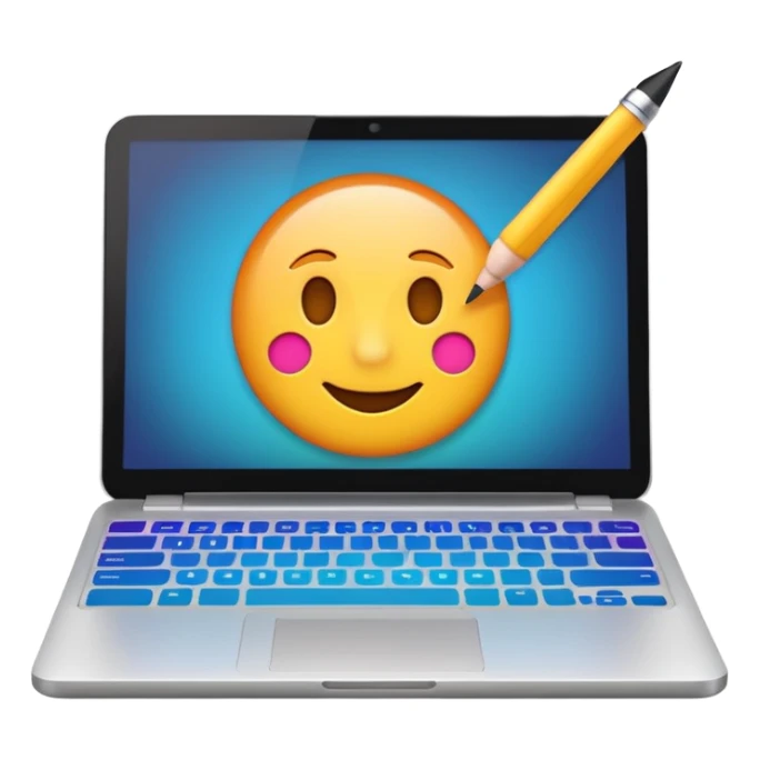 blog emoji stylized as a laptop with a glowing screen and a pen, friendly and digital sticker